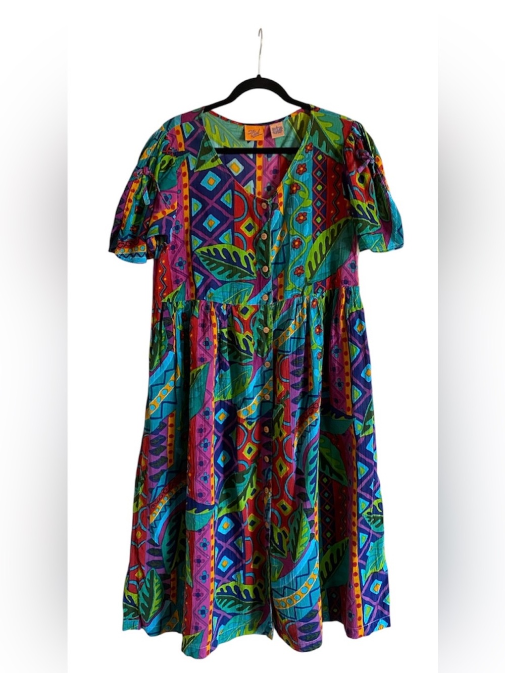 Women’s SEA WIND Vibrant Colorful Button Front V-Neck Cotton MIDI DRESS L